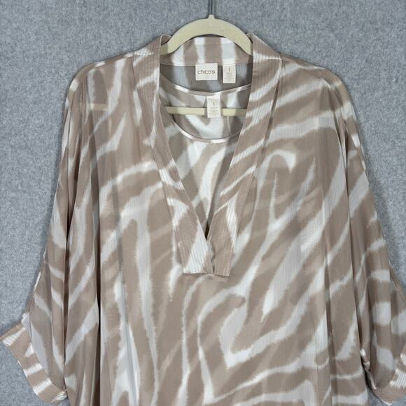 Chicos Blouse Tan Medium Sheer Animal Flowy Lagenlook Artsy Popover Neutral Tank - Picture 2 of 12